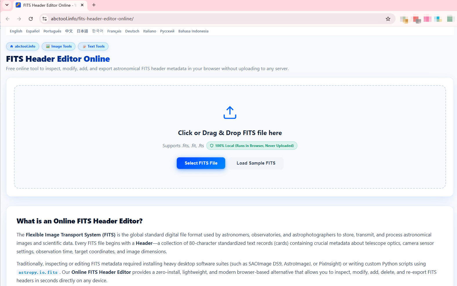 FITS Header Editor Online Upload Interface