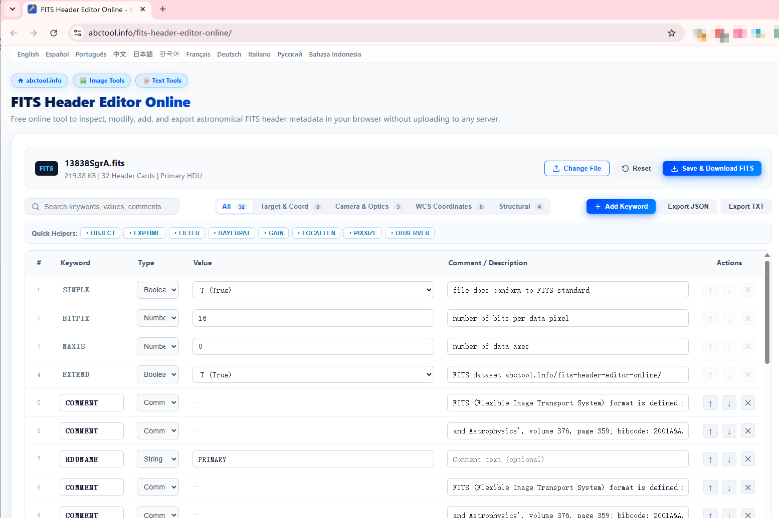 FITS Header Editor Interactive Table